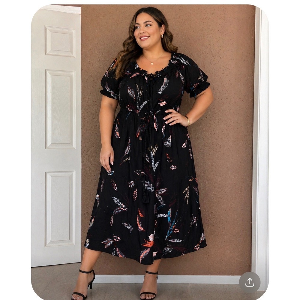 Torrid Black Feather Print Smocked Midi Dress Puff Sleeve Pockets Size 1 Plus
